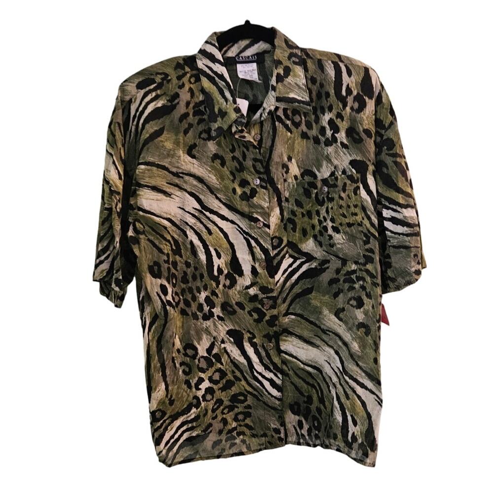 VINTAGE Cascais 80s Green Cheetah Animal Print Button Down Blouse Size Large